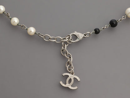 Chanel Long Black Beads, Pearls, and Crystal Logos Necklace