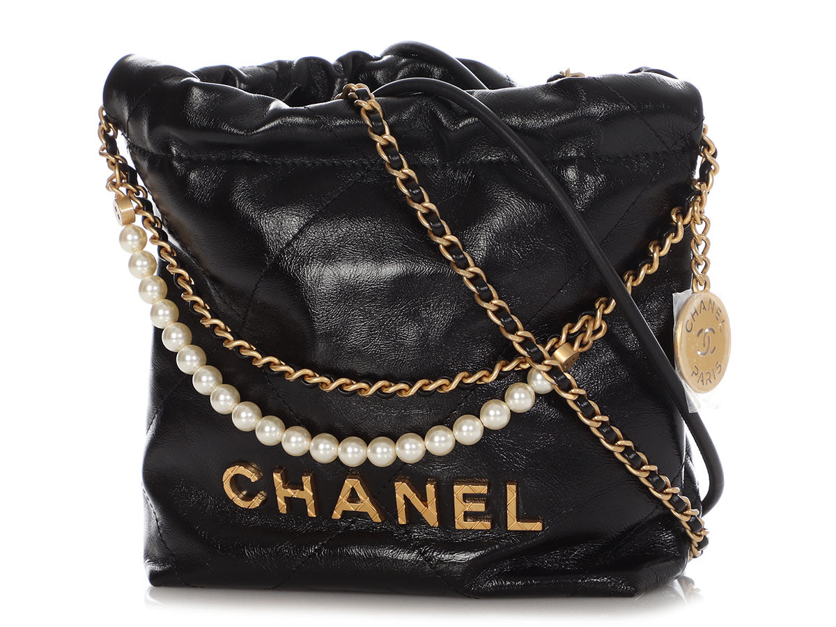 Chanel Mini 22 Black Quilted Glazed Calfskin Hobo With Pearl Strap