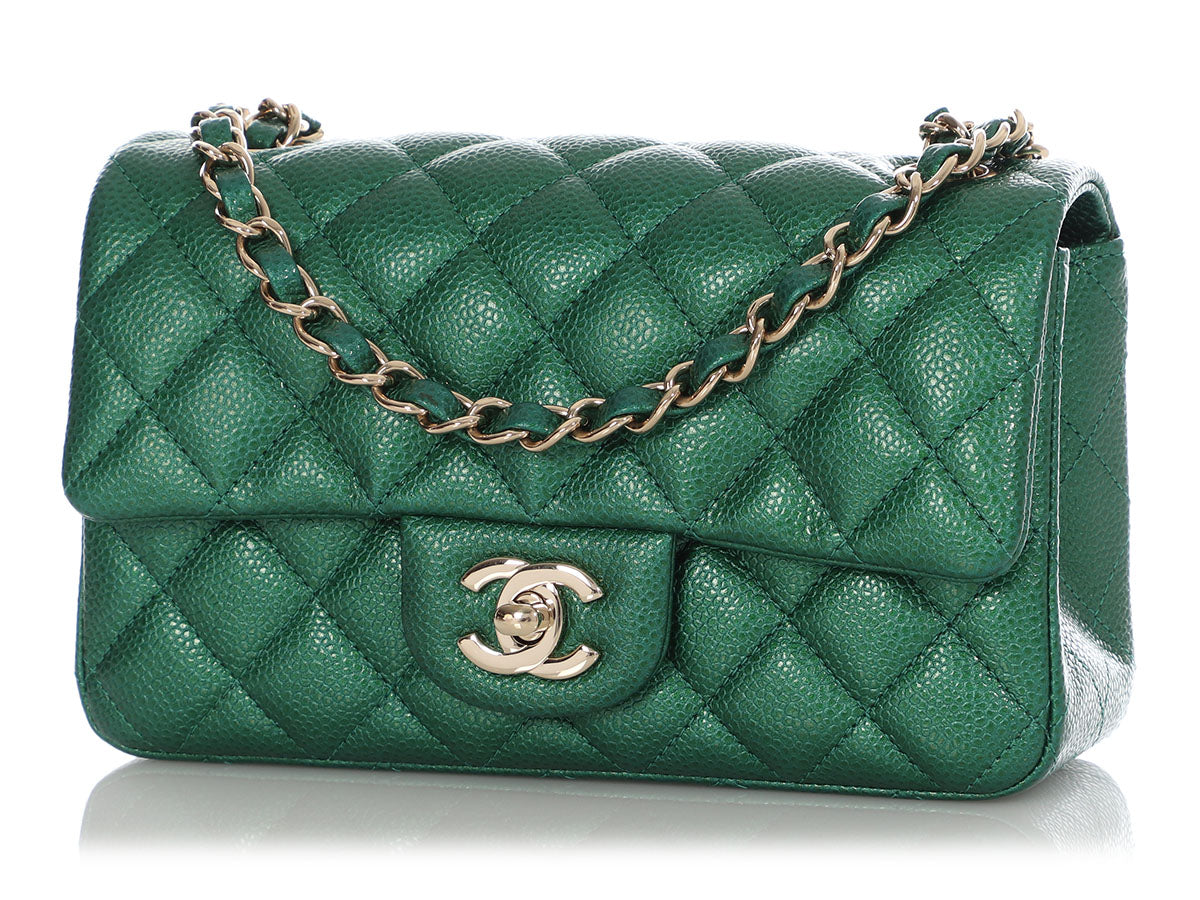 Chanel Mini Green Iridescent Quilted Caviar Rectangular Classic