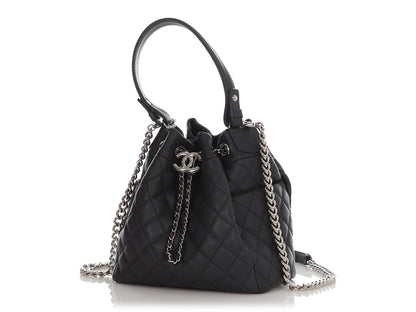 Chanel Small Black Quilted Grained Calfskin Drawstring Bucket Bag