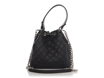 Chanel Small Black Quilted Grained Calfskin Drawstring Bucket Bag