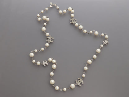 Chanel Long Pearl and Crystal Logo Necklace