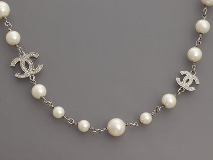 Chanel Long Pearl and Crystal Logo Necklace