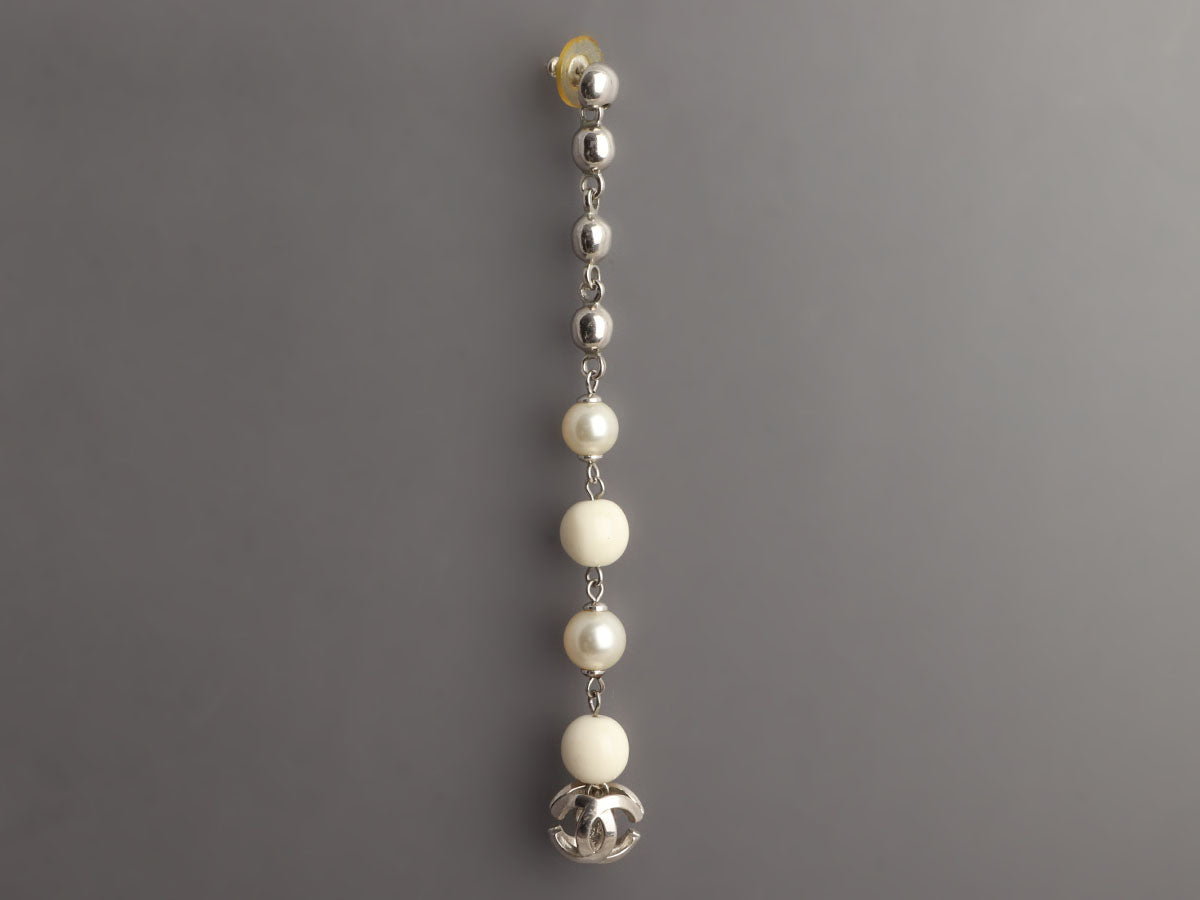 Chanel Long Beads and Pearls Logo Pierced Drop Earrings