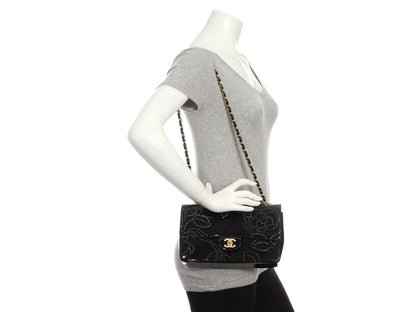 Chanel Vintage Black Perforated Patent Camellia Flap