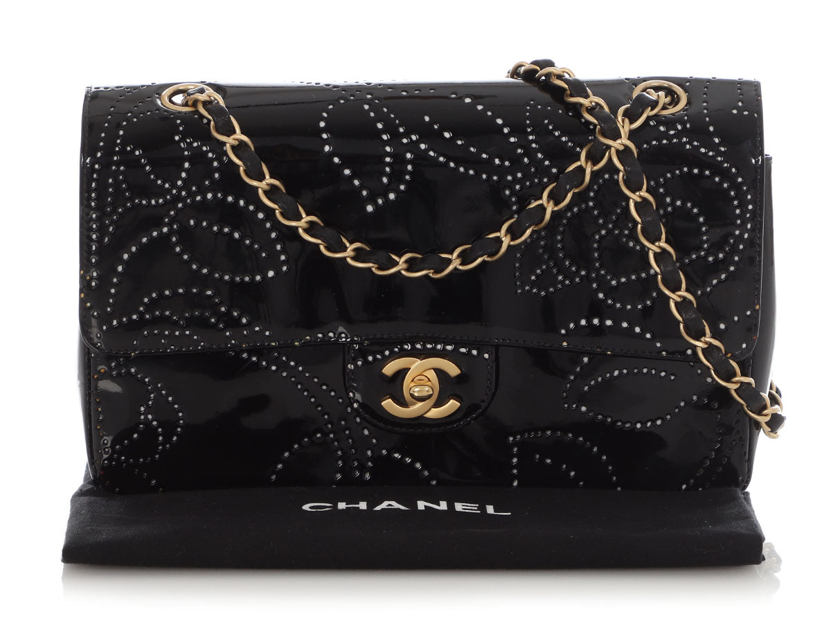 Chanel Vintage Black Perforated Patent Camellia Flap