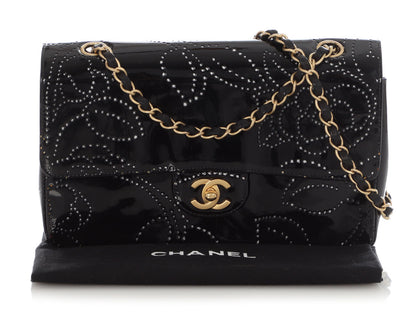 Chanel Vintage Black Perforated Patent Camellia Flap