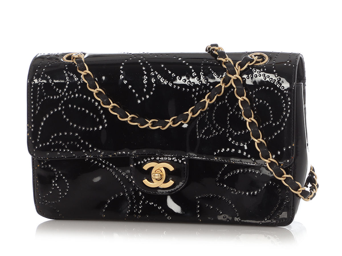 Chanel Vintage Black Perforated Patent Camellia Flap