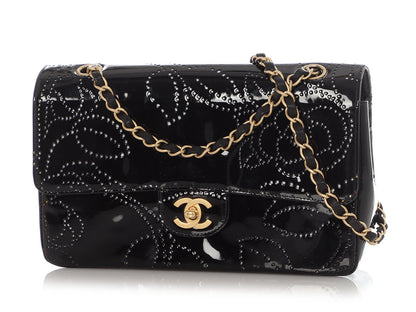 Chanel Vintage Black Perforated Patent Camellia Flap