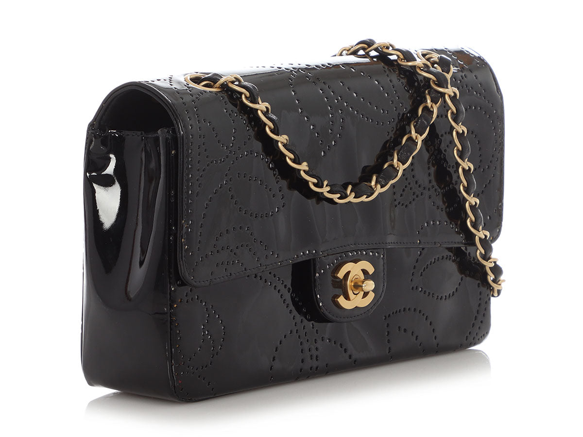 Chanel Vintage Black Perforated Patent Camellia Flap