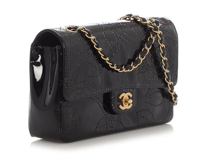 Chanel Vintage Black Perforated Patent Camellia Flap