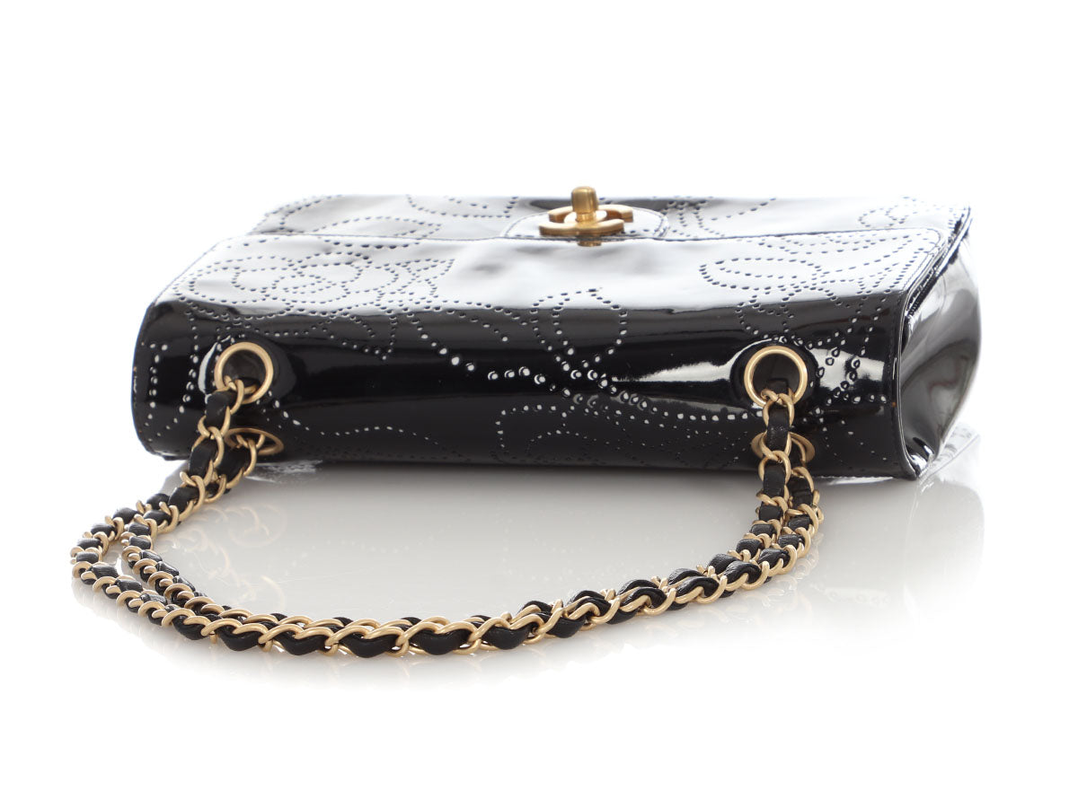 Chanel Vintage Black Perforated Patent Camellia Flap