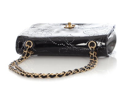 Chanel Vintage Black Perforated Patent Camellia Flap