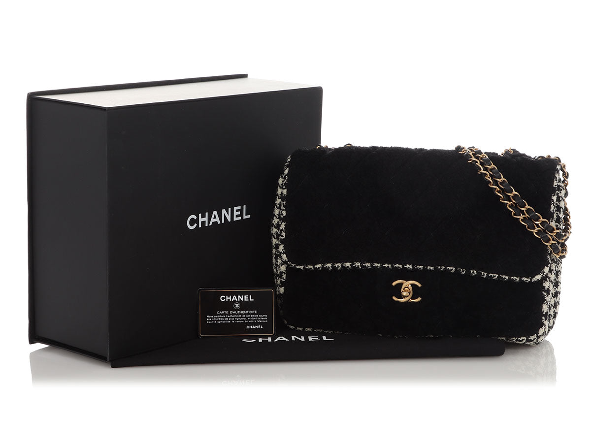 Chanel Jumbo Black Shearling and Houndstooth Single Flap