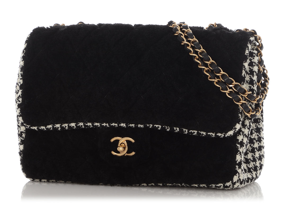 Chanel Jumbo Black Shearling and Houndstooth Single Flap