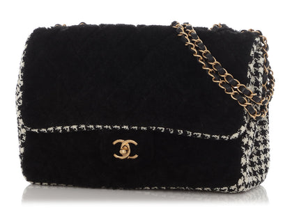 Chanel Jumbo Black Shearling and Houndstooth Single Flap