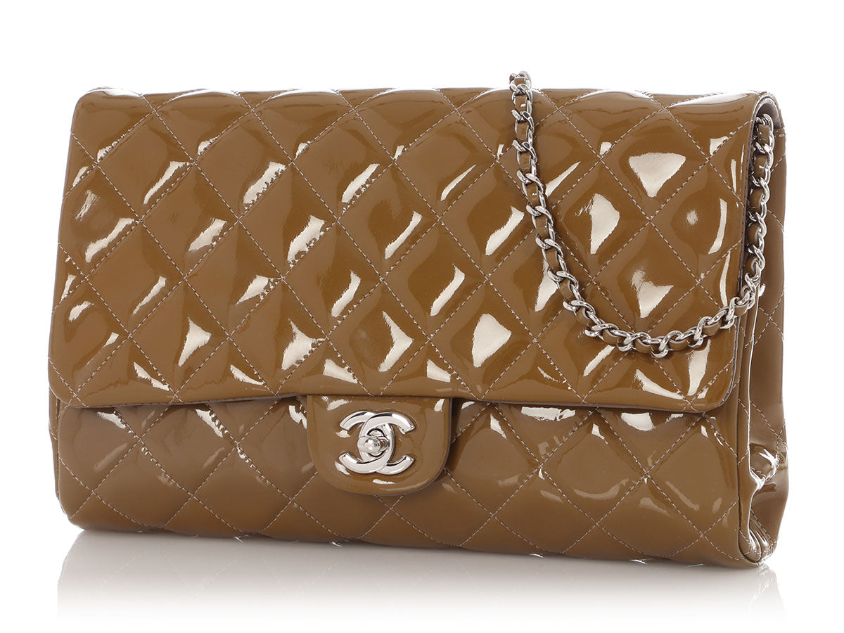 Chanel Olive Patent Clutch On Chain