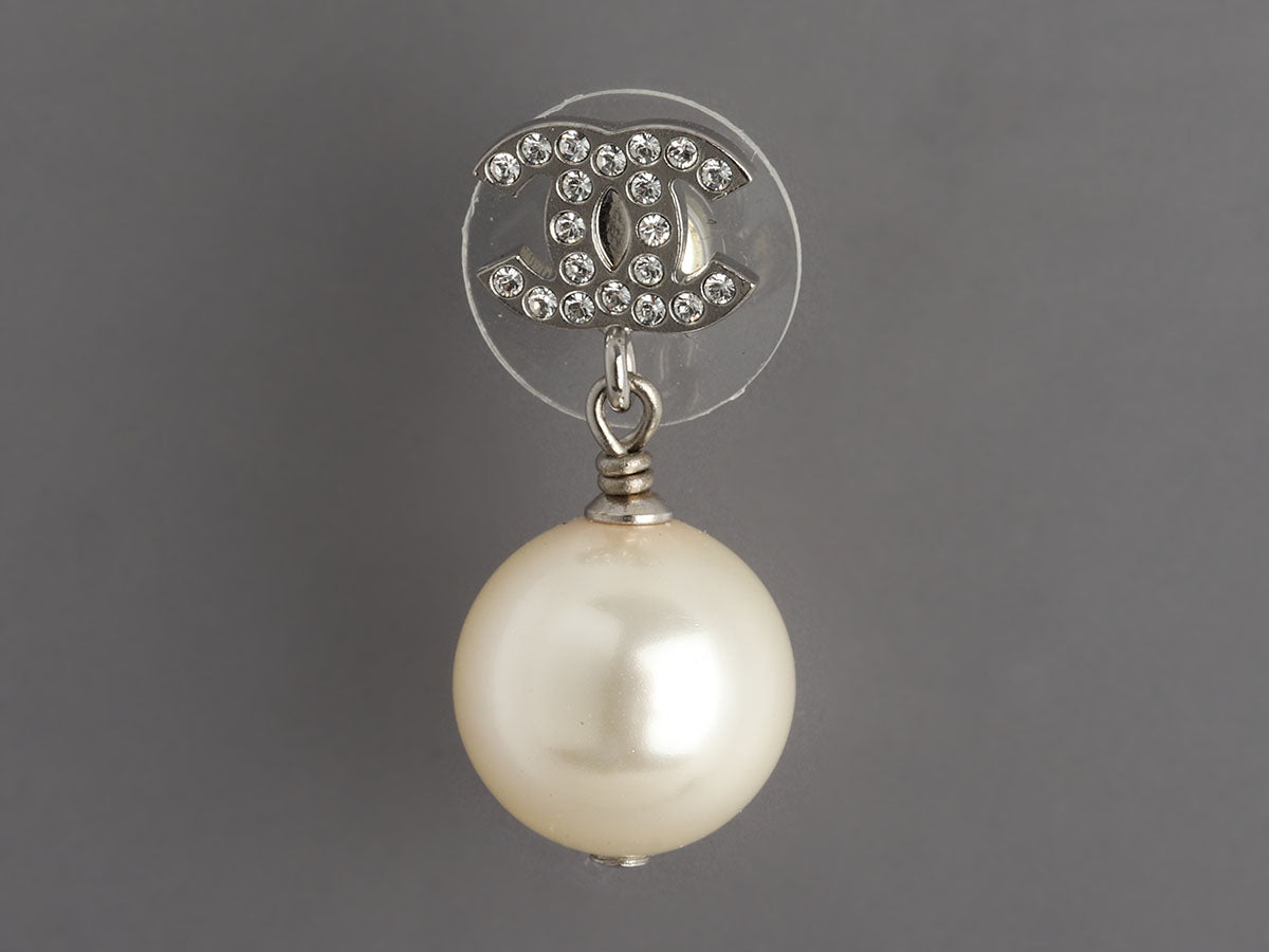 Chanel Pearl Crystal Logo Pierced Drop Earrings