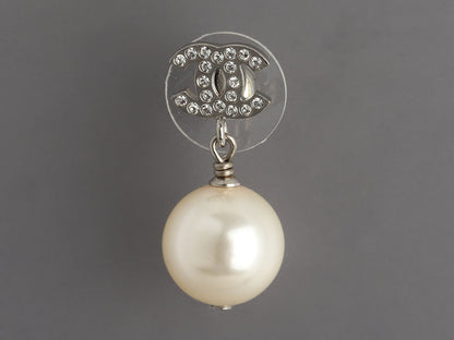 Chanel Pearl Crystal Logo Pierced Drop Earrings