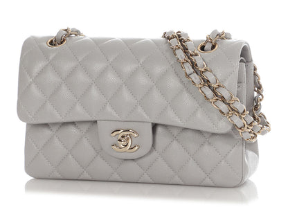 Chanel Small Light Gray Quilted Caviar Classic Double Flap