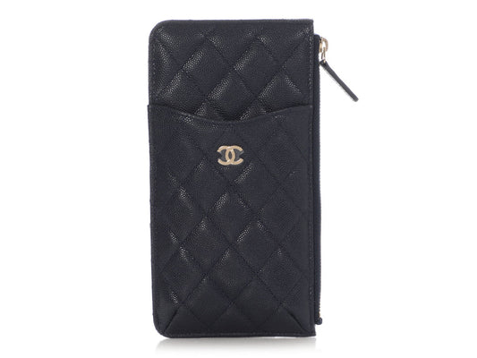Chanel Navy Quilted Caviar Zip Phone Pouch