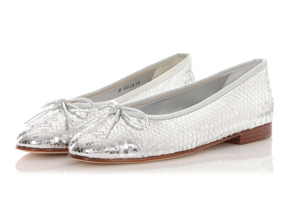 Chanel Silver Mirror Effect Python Ballet Flats