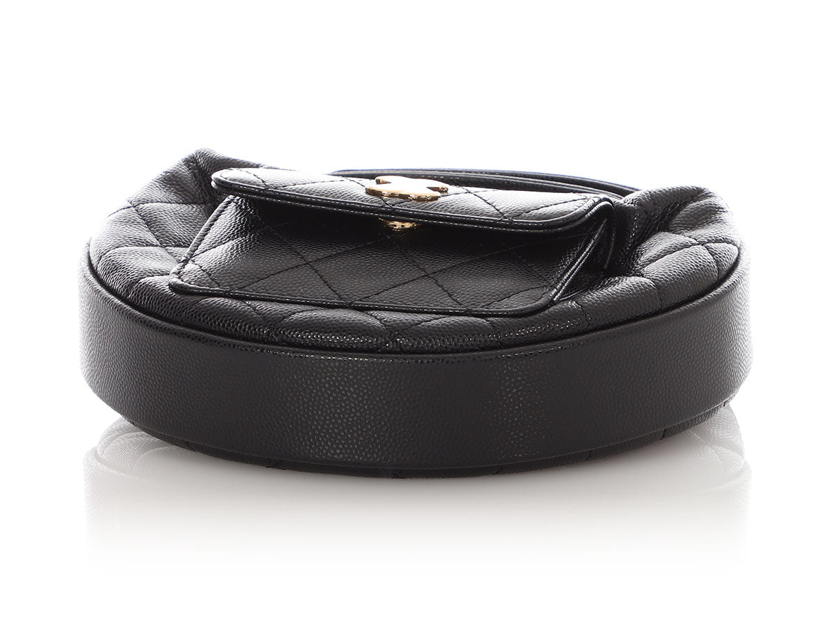 Chanel Black Quilted Caviar Mini Round Polly Pocket Pouch Hobo