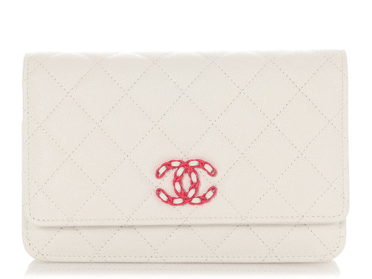 Chanel White Quilted Caviar Wallet on Chain WOC