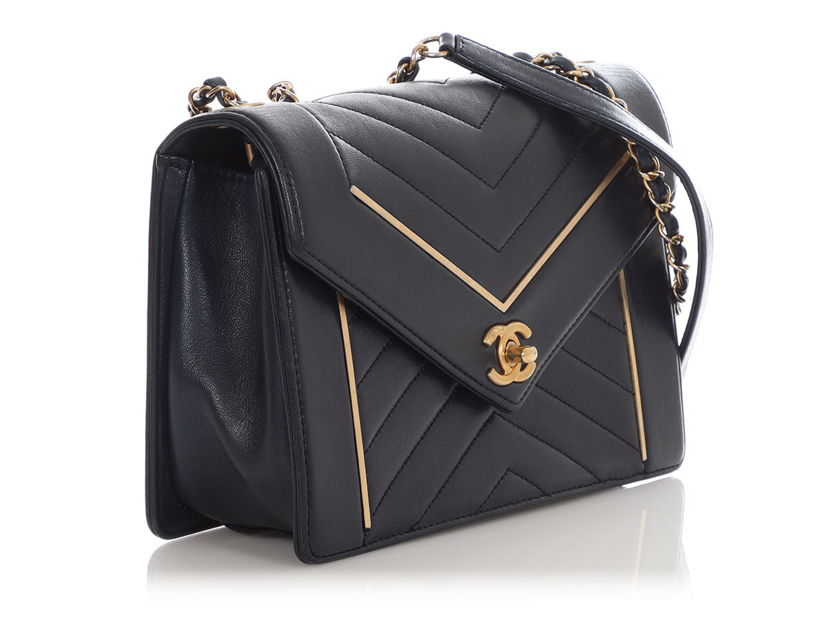 Chanel Navy Calfskin Reversed Chevron Envelope Flap Bag