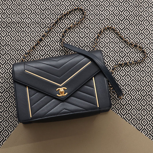 Chanel Navy Calfskin Reversed Chevron Envelope Flap Bag