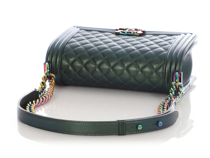 Chanel Old Medium Iridescent Green Quilted Goatskin Boy