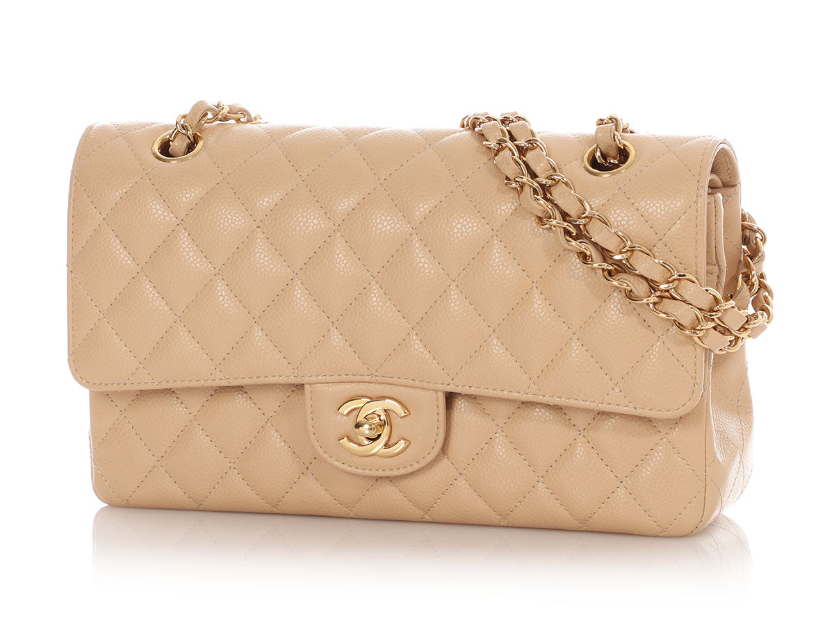 Chanel Medium/Large Beige Claire Quilted Caviar Classic Double Flap