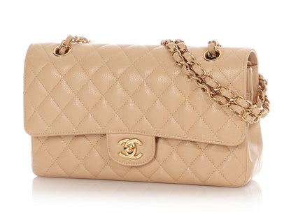 Chanel Medium/Large Beige Claire Quilted Caviar Classic Double Flap