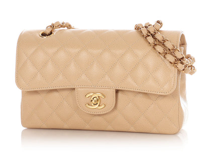 Chanel Small Beige Claire Quilted Caviar Classic Double Flap