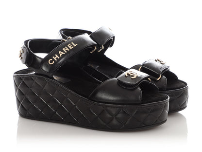 Chanel Black Quilted Velcro Strap Wedge Sandals