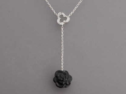 Chanel 18K White Gold Diamond and Black Onyx Camélia Sculpté Drop Necklace