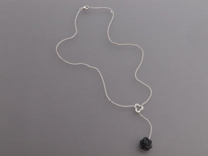 Chanel 18K White Gold Diamond and Black Onyx Camélia Sculpté Drop Necklace