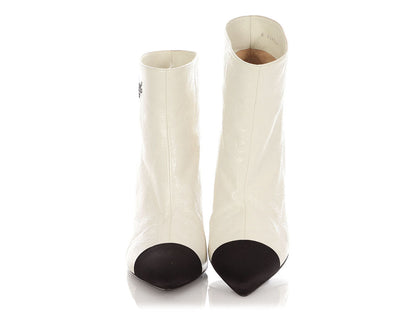Chanel White Crinkled Patent Capped Toe Booties