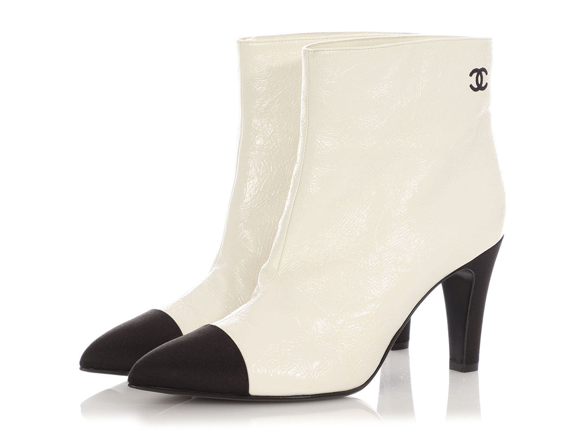 Chanel White Crinkled Patent Capped Toe Booties