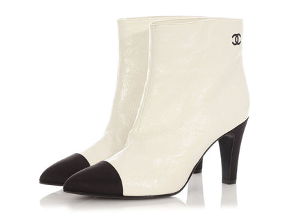 Chanel White Crinkled Patent Capped Toe Booties