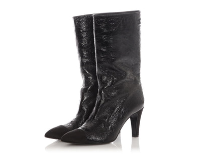 Chanel Black Crinkled Patent Gabrielle Cap Toe Boots