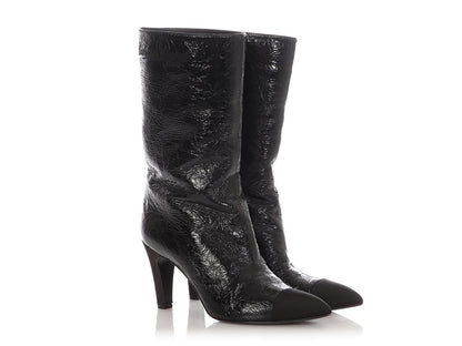 Chanel Black Crinkled Patent Gabrielle Cap Toe Boots