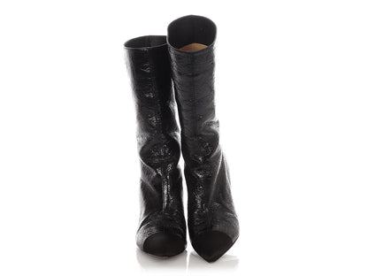 Chanel Black Crinkled Patent Gabrielle Cap Toe Boots