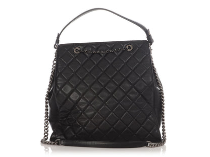 Chanel Large Black Quilted Soft Caviar CC Accordion Bucket Bag