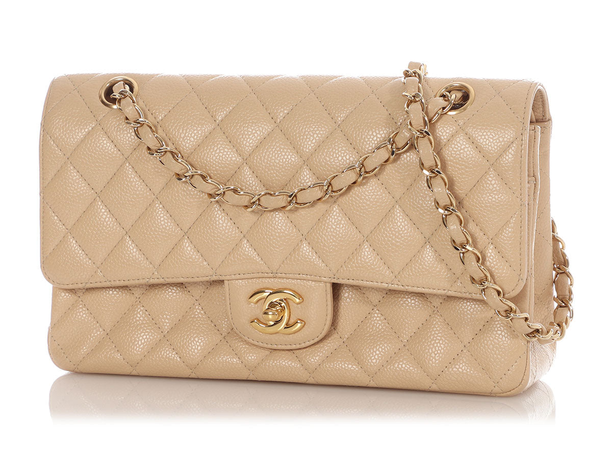 Chanel Medium/Large Light Beige Quilted Caviar Classic Double Flap
