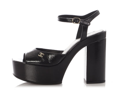 Chanel Black Patent Platform Sandals