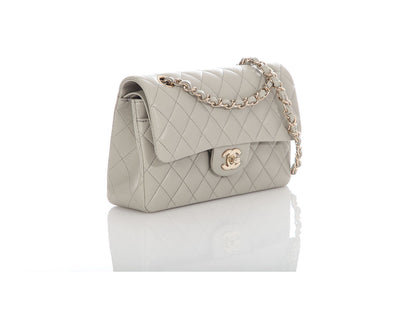 Chanel Small Light Gray Quilted Lambskin Double Flap Classic