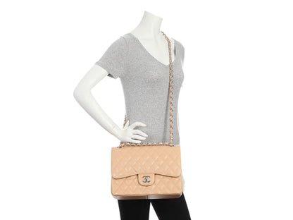 Chanel Jumbo Light Beige Quilted Caviar Classic Double Flap