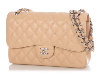 Chanel Jumbo Light Beige Quilted Caviar Classic Double Flap