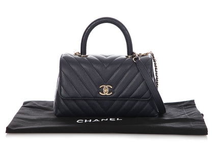 Chanel Mini Navy Chevron-Quilted Caviar and Lizard Coco Handle